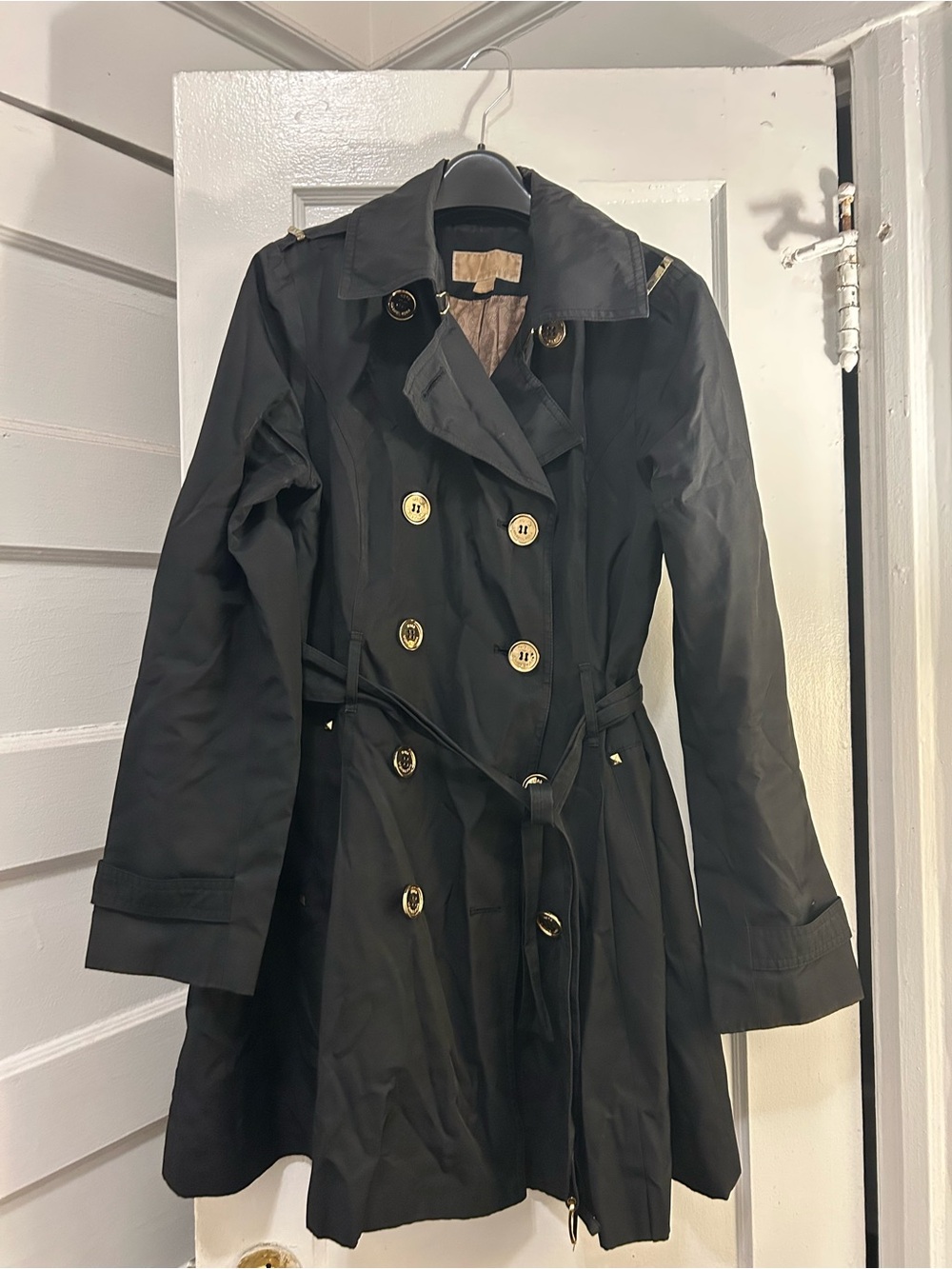 Michael Kors Black Trench Coat with Gold Buttons